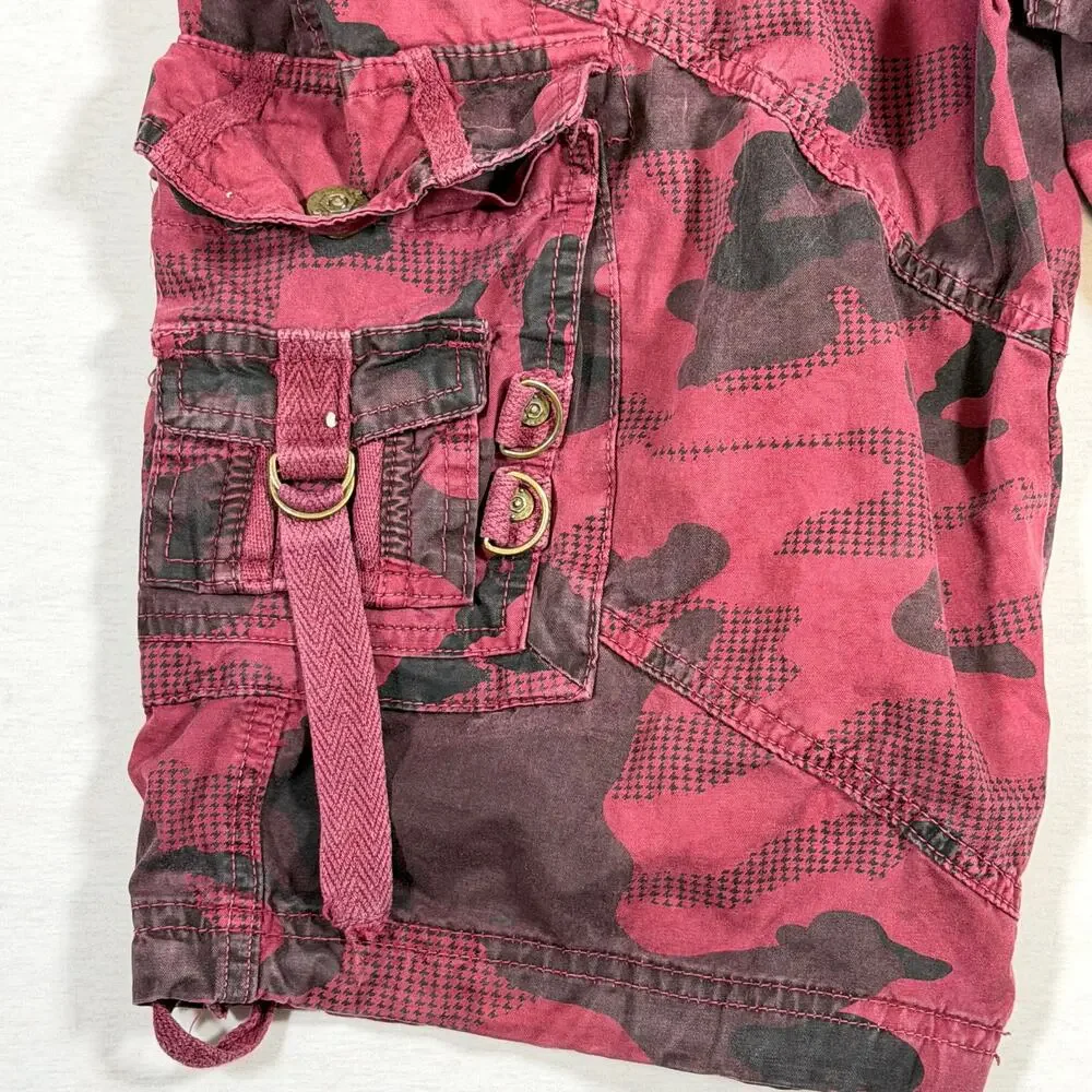Y2K Twoce Twice Burgundy Black Camo Cargo Shorts 34 Baggy Buckle Skater Jorts